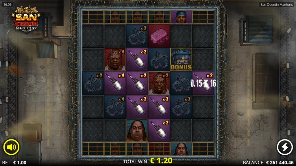 San Quentin Manhunt slot — base-game win. San Quentin Manhunt slot base-game win gameplay screenshot